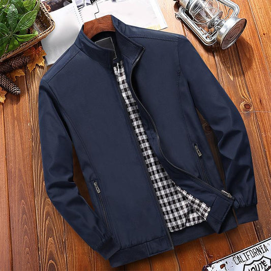 Men's Classic Stand Collar Jacket with Checkered Lining